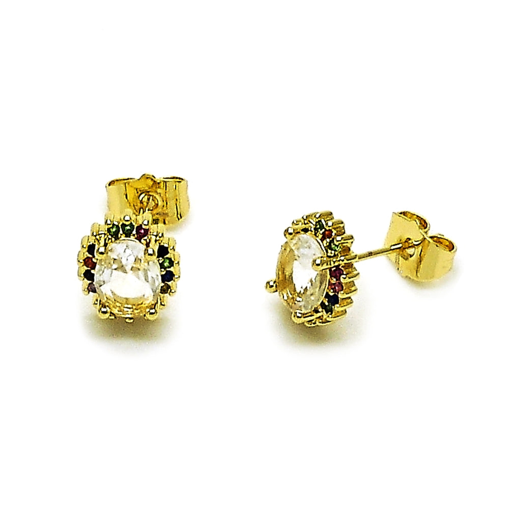 Oro Laminado Stud Earring, Gold Filled Style Cluster Design, with White and Multicolor Cubic Zirconia, Polished, Golden Finish