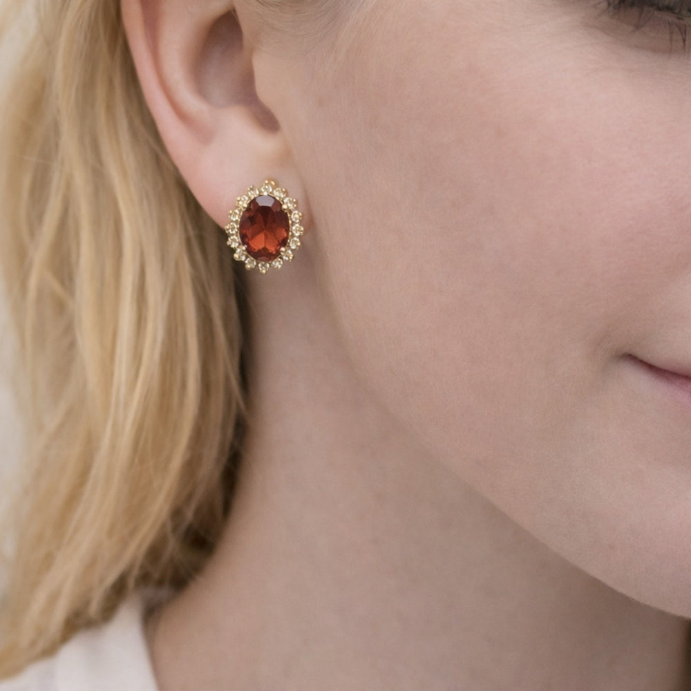 Oro Laminado Stud Earring, Gold Filled Style Cluster Design, with Garnet and White Cubic Zirconia, Polished, Golden Finish