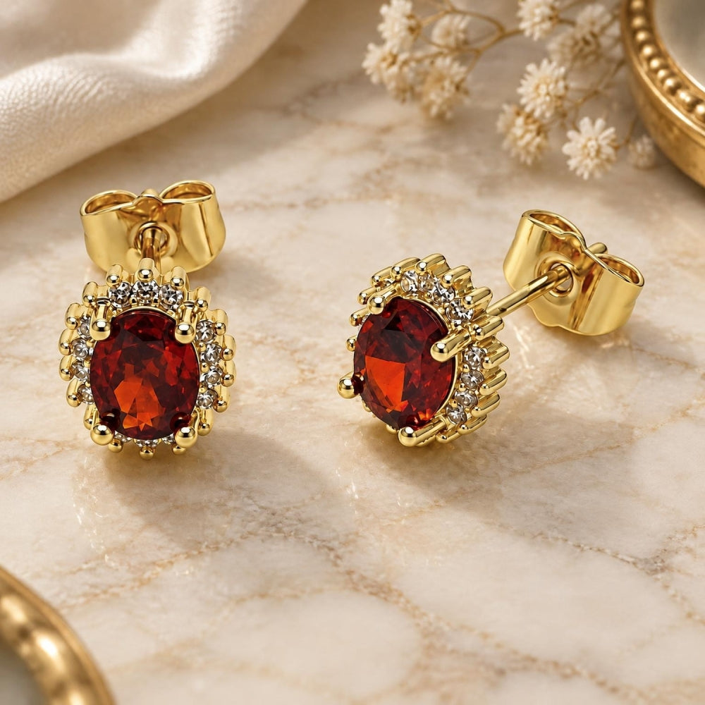 Oro Laminado Stud Earring, Gold Filled Style Cluster Design, with Garnet and White Cubic Zirconia, Polished, Golden Finish
