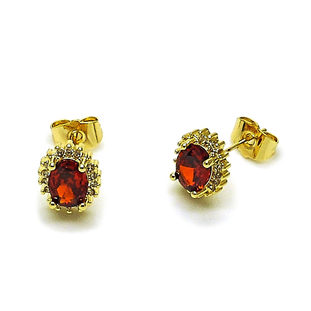 Oro Laminado Stud Earring, Gold Filled Style Cluster Design, with Garnet and White Cubic Zirconia, Polished, Golden Finish