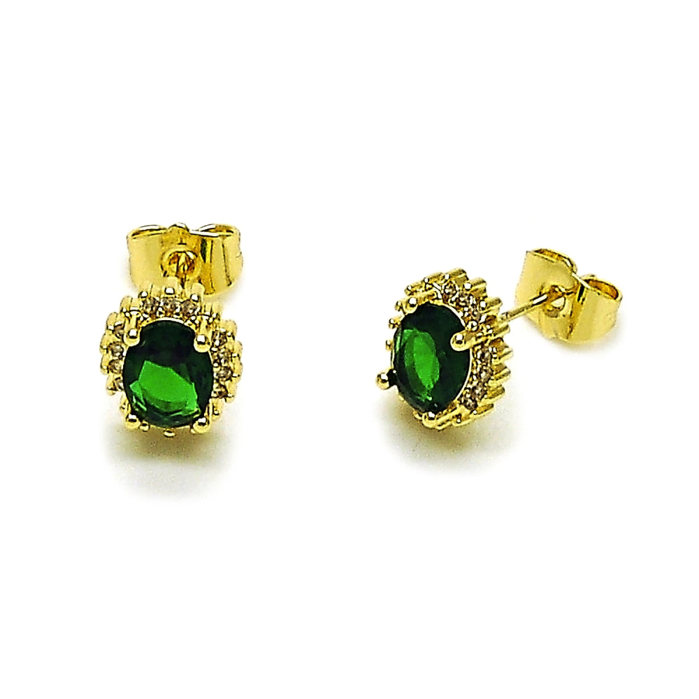 Oro Laminado Stud Earring, Gold Filled Style Cluster Design, with Green and White Cubic Zirconia, Polished, Golden Finish
