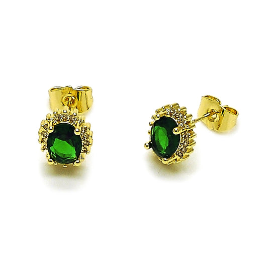 Oro Laminado Stud Earring, Gold Filled Style Cluster Design, with Green and White Cubic Zirconia, Polished, Golden Finish