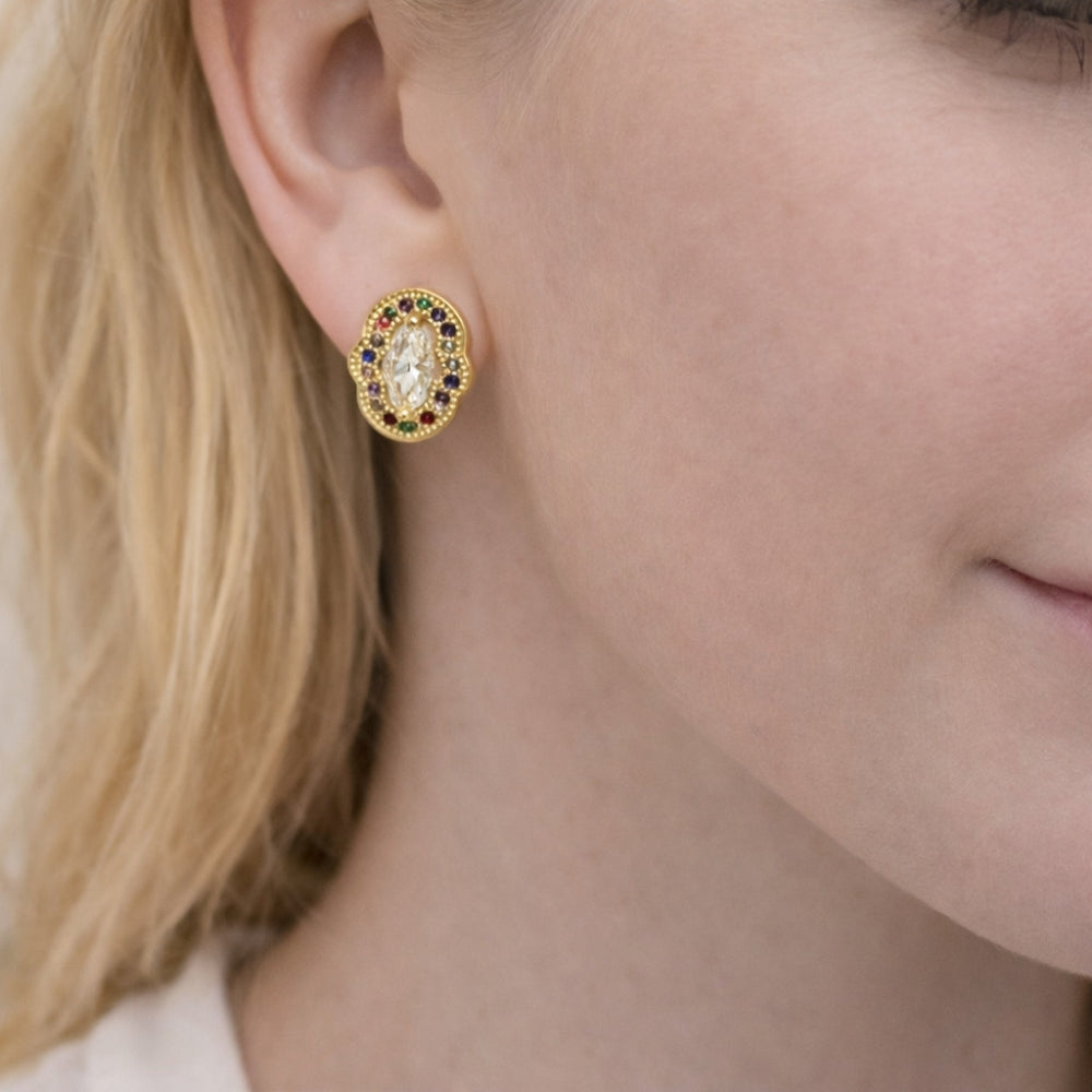 Oro Laminado Stud Earring, Gold Filled Style Cluster Design, with White Cubic Zirconia and Multicolor Micro Pave, Polished, Golden Finish