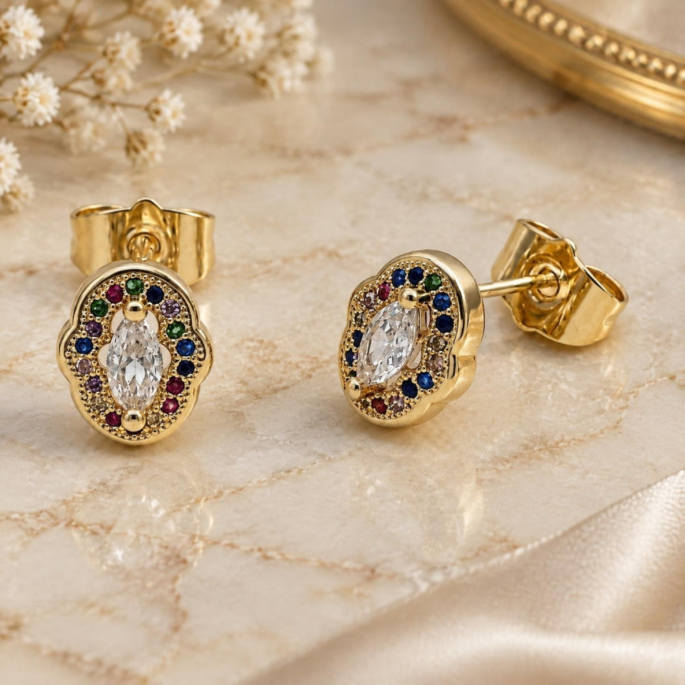 Oro Laminado Stud Earring, Gold Filled Style Cluster Design, with White Cubic Zirconia and Multicolor Micro Pave, Polished, Golden Finish