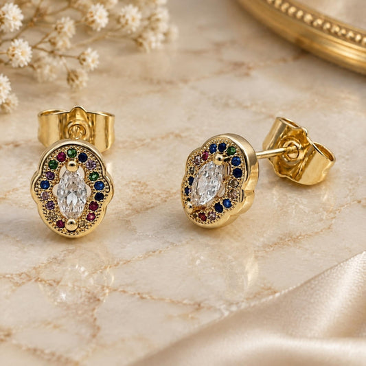 Oro Laminado Stud Earring, Gold Filled Style Cluster Design, with White Cubic Zirconia and Multicolor Micro Pave, Polished, Golden Finish