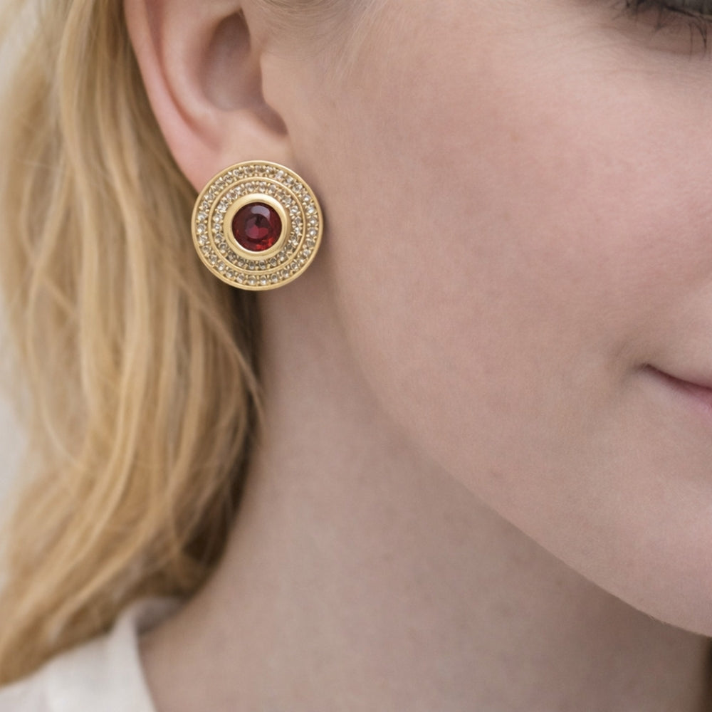 Oro Laminado Stud Earring, Gold Filled Style Cluster Design, with Garnet Cubic Zirconia and White Micro Pave, Polished, Golden Finish