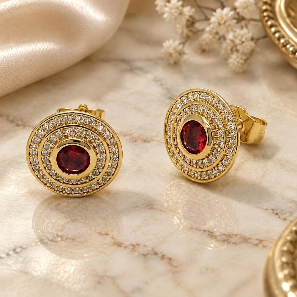 Oro Laminado Stud Earring, Gold Filled Style Cluster Design, with Garnet Cubic Zirconia and White Micro Pave, Polished, Golden Finish