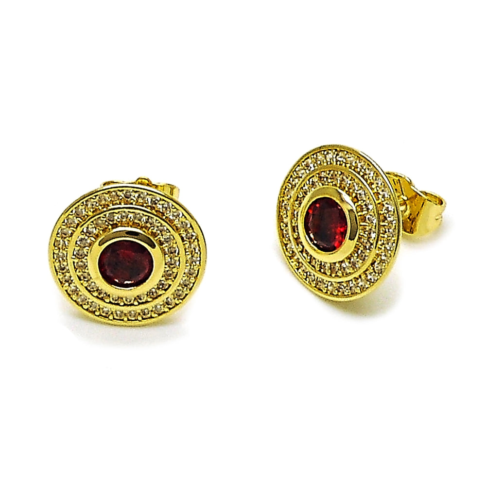 Oro Laminado Stud Earring, Gold Filled Style Cluster Design, with Garnet Cubic Zirconia and White Micro Pave, Polished, Golden Finish