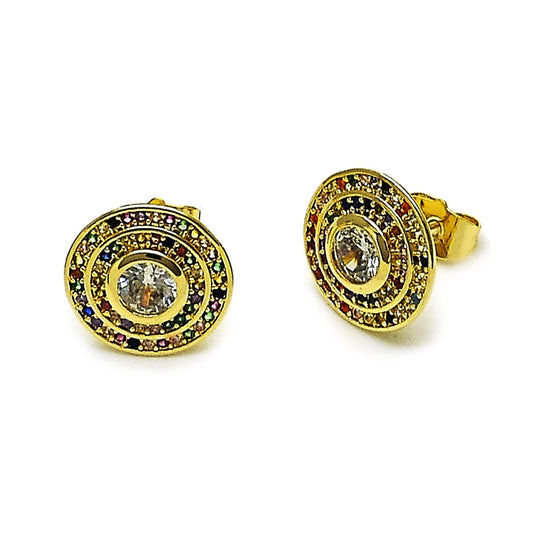 Oro Laminado Stud Earring, Gold Filled Style Cluster Design, with Green Cubic Zirconia and White Micro Pave, Polished, Golden Finish