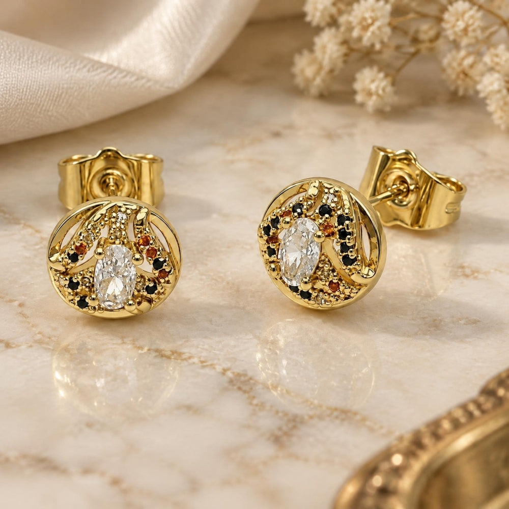 Oro Laminado Stud Earring, Gold Filled Style Cluster Design, with White Cubic Zirconia and Multicolor Micro Pave, Polished, Golden Finish