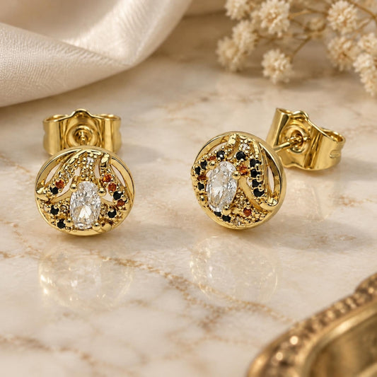 Oro Laminado Stud Earring, Gold Filled Style Cluster Design, with White Cubic Zirconia and Multicolor Micro Pave, Polished, Golden Finish