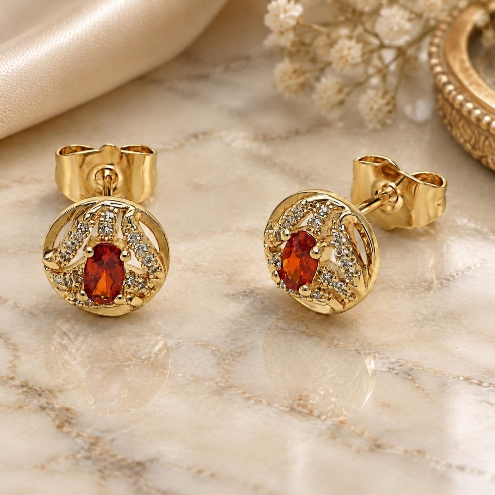 Oro Laminado Stud Earring, Gold Filled Style Cluster Design, with Garnet Cubic Zirconia and White Micro Pave, Polished, Golden Finish