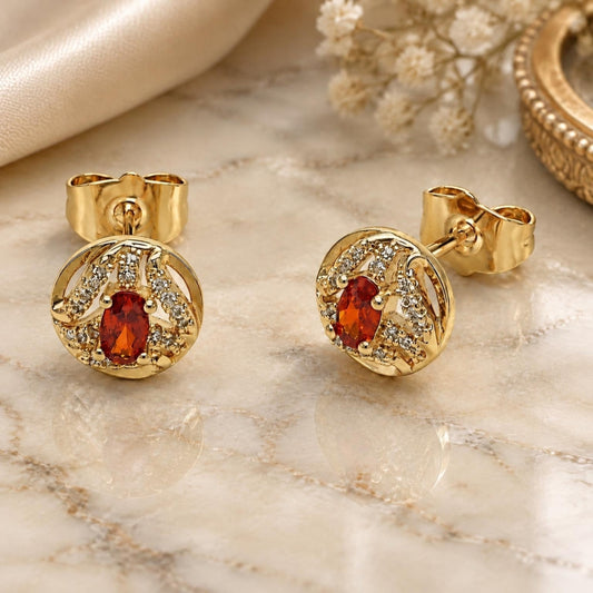 Oro Laminado Stud Earring, Gold Filled Style Cluster Design, with Garnet Cubic Zirconia and White Micro Pave, Polished, Golden Finish