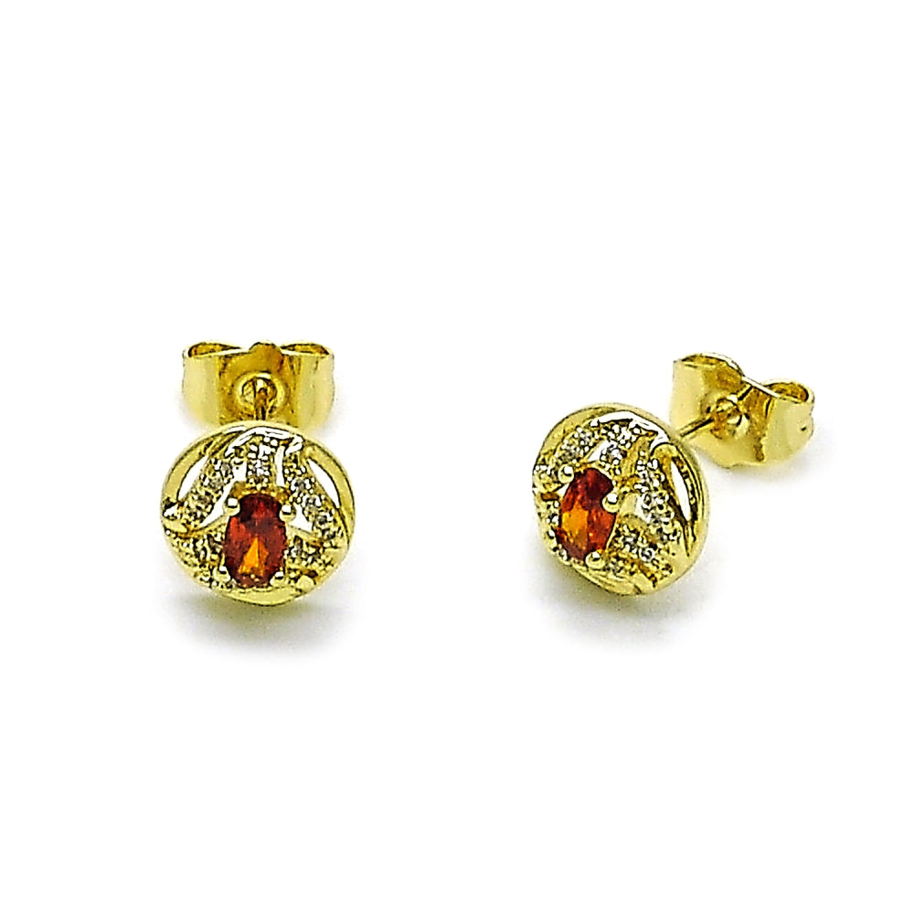 Oro Laminado Stud Earring, Gold Filled Style Cluster Design, with Garnet Cubic Zirconia and White Micro Pave, Polished, Golden Finish
