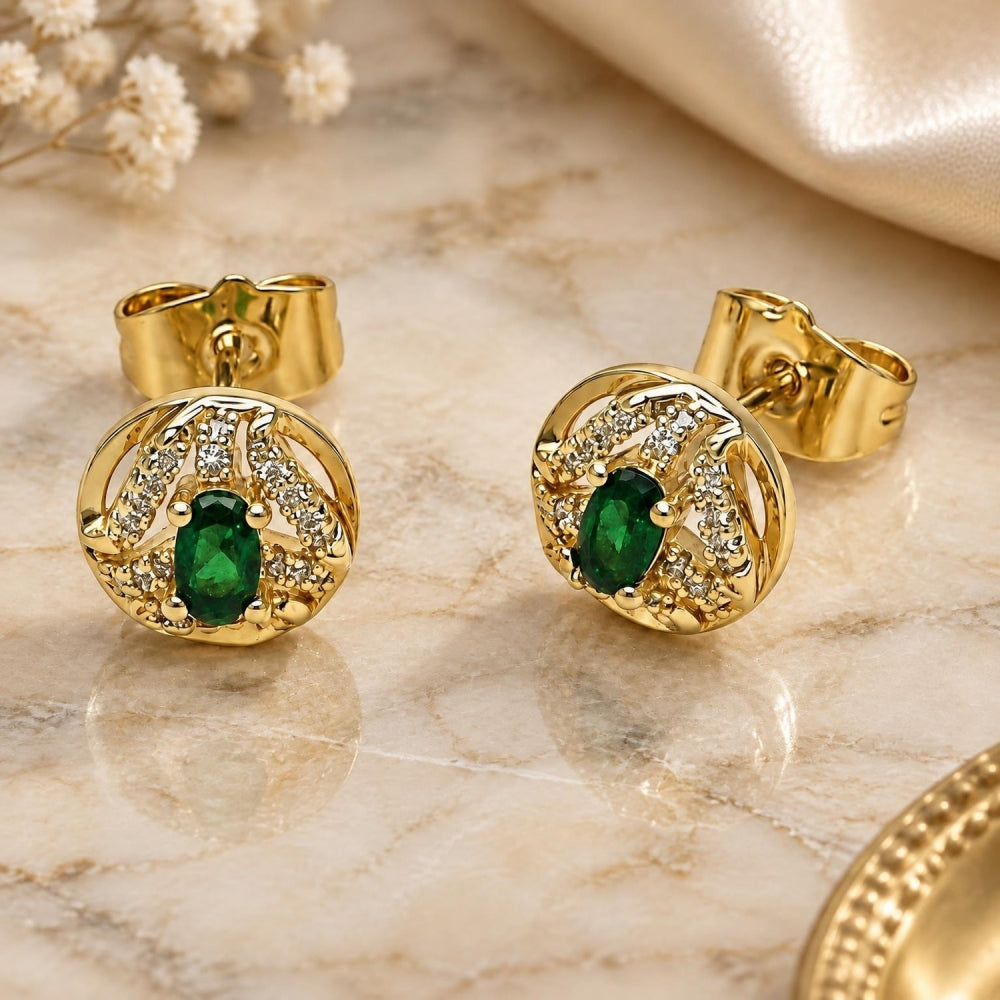 Oro Laminado Stud Earring, Gold Filled Style Cluster Design, with Green Cubic Zirconia and White Micro Pave, Polished, Golden Finish
