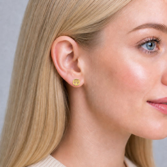 Oro Laminado Stud Earring, Gold Filled Style Tree Design, with Multicolor Micro Pave, Polished, Golden Finish