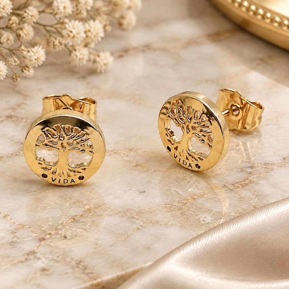 Oro Laminado Stud Earring, Gold Filled Style Tree Design, with Multicolor Micro Pave, Polished, Golden Finish