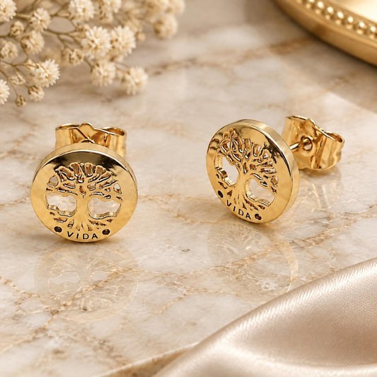 Oro Laminado Stud Earring, Gold Filled Style Tree Design, with Multicolor Micro Pave, Polished, Golden Finish