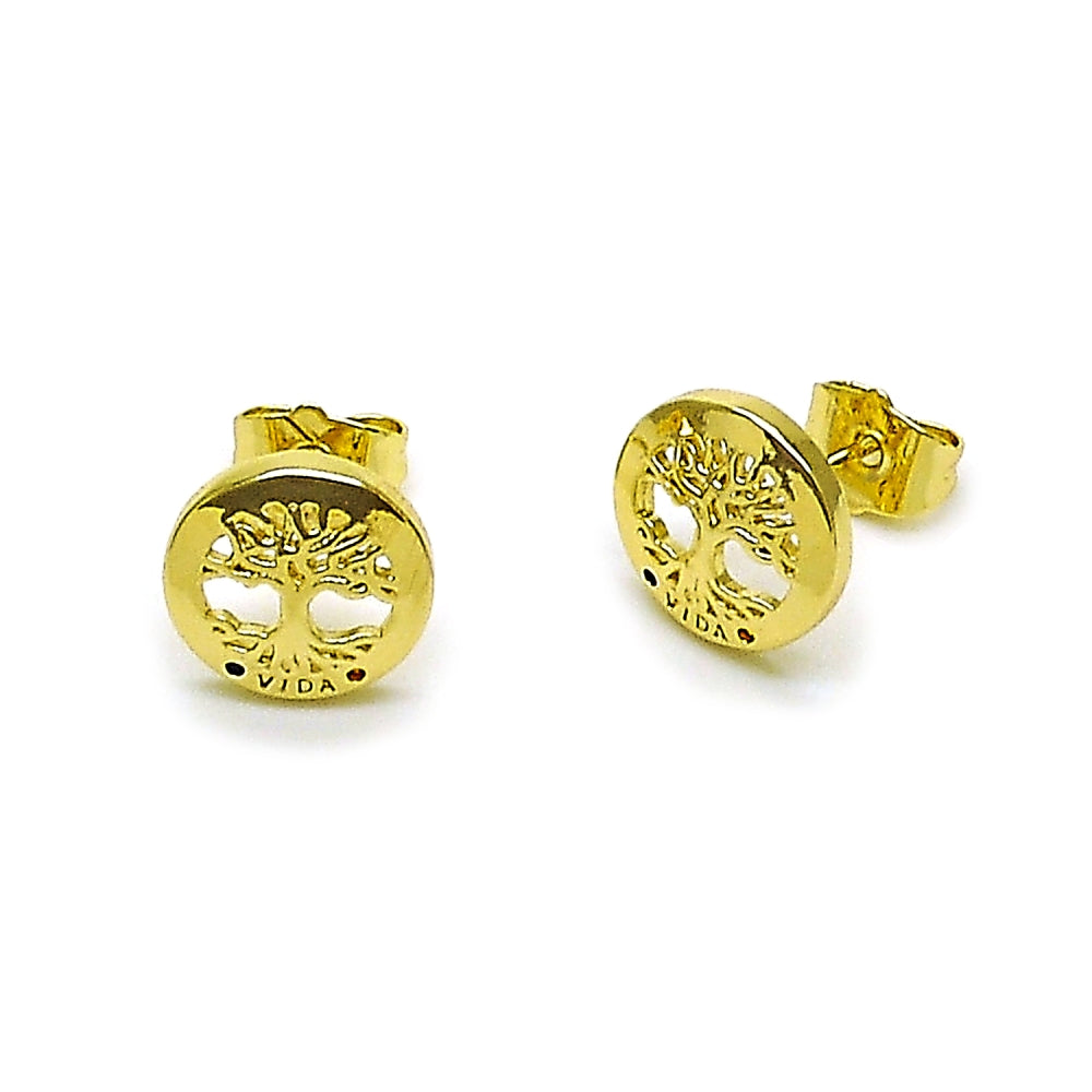Oro Laminado Stud Earring, Gold Filled Style Tree Design, with Multicolor Micro Pave, Polished, Golden Finish