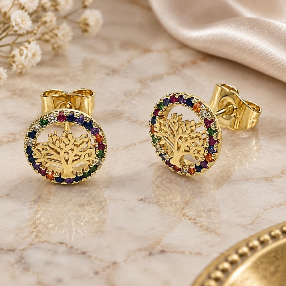 Oro Laminado Stud Earring, Gold Filled Style Tree Design, with Multicolor Micro Pave, Polished, Golden Finish
