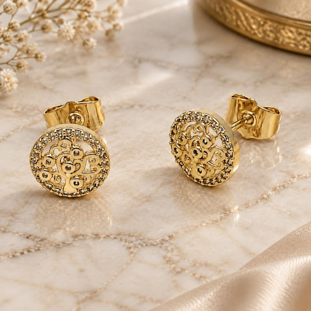 Oro Laminado Stud Earring, Gold Filled Style Tree Design, with White Cubic Zirconia and White Micro Pave, Polished, Golden Finish
