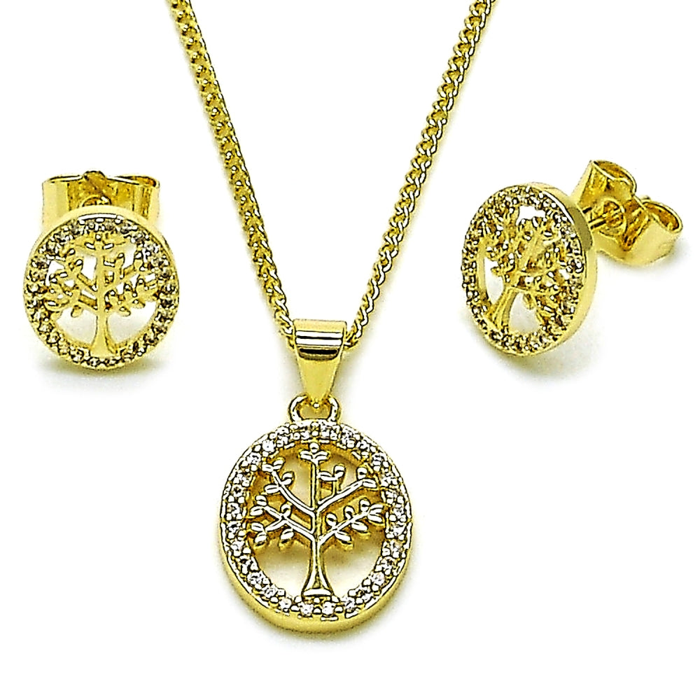Oro Laminado Earring and Pendant Adult Set, Gold Filled Style Tree Design, with White Micro Pave, Polished, Golden Finish