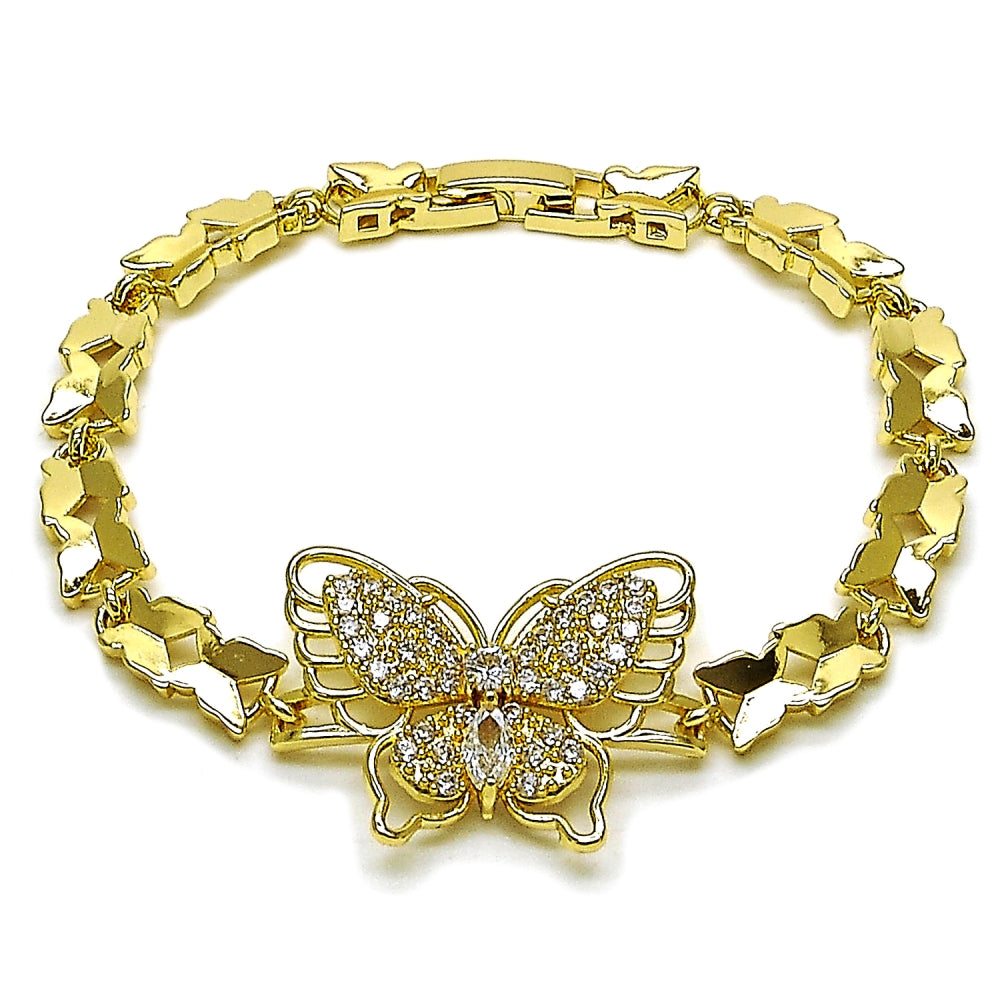 Oro Laminado Fancy Bracelet, Gold Filled Style Butterfly Design, with White Cubic Zirconia, Polished, Golden Finish