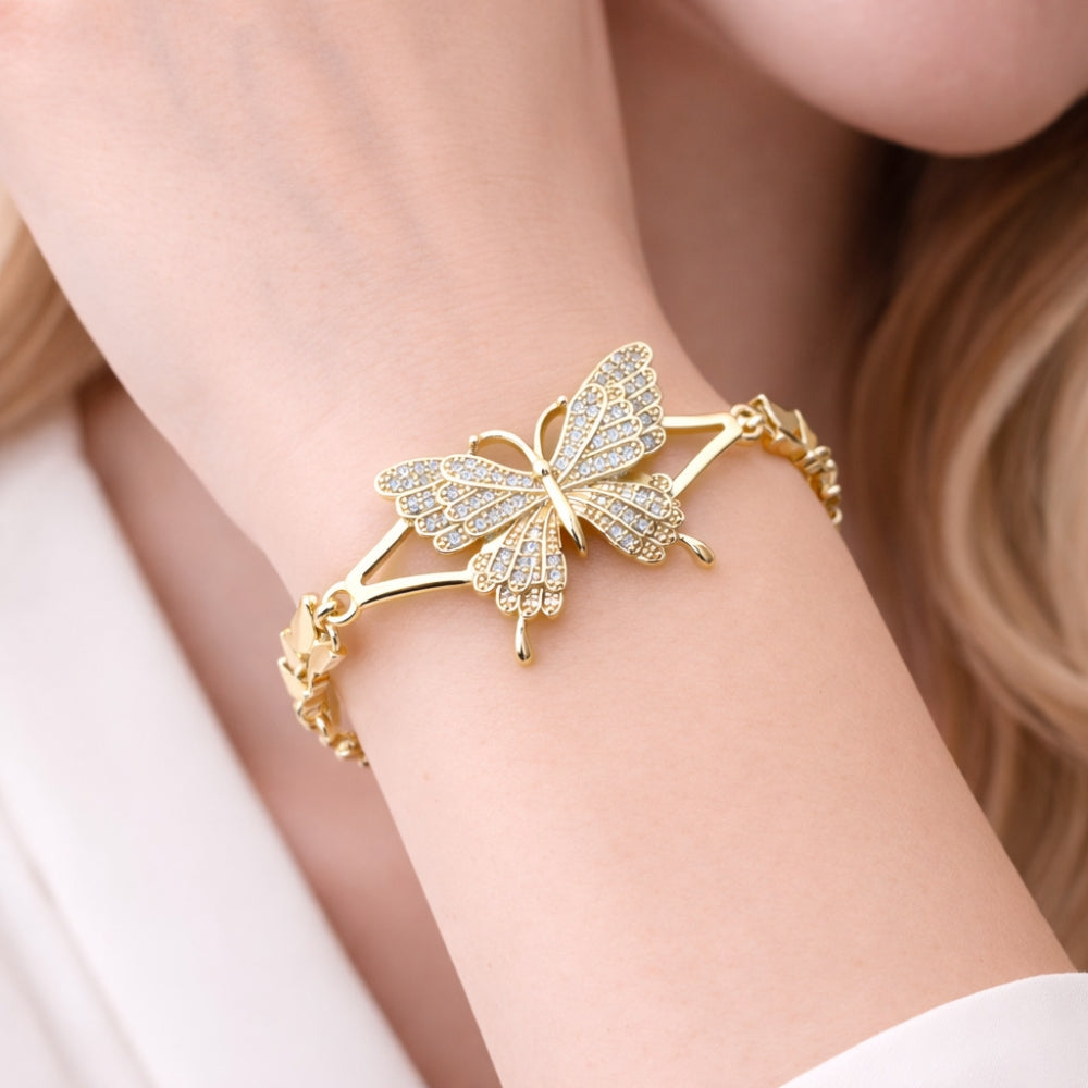 Oro Laminado Fancy Bracelet, Gold Filled Style Butterfly Design, with White Cubic Zirconia, Polished, Golden Finish