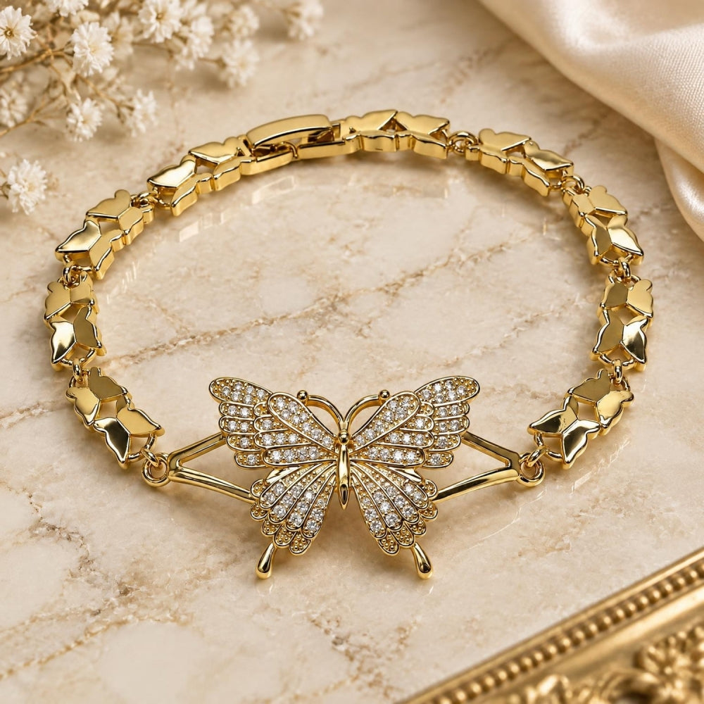 Oro Laminado Fancy Bracelet, Gold Filled Style Butterfly Design, with White Cubic Zirconia, Polished, Golden Finish