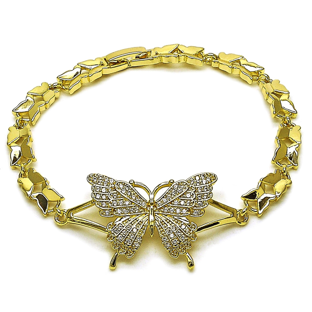 Oro Laminado Fancy Bracelet, Gold Filled Style Butterfly Design, with White Cubic Zirconia, Polished, Golden Finish