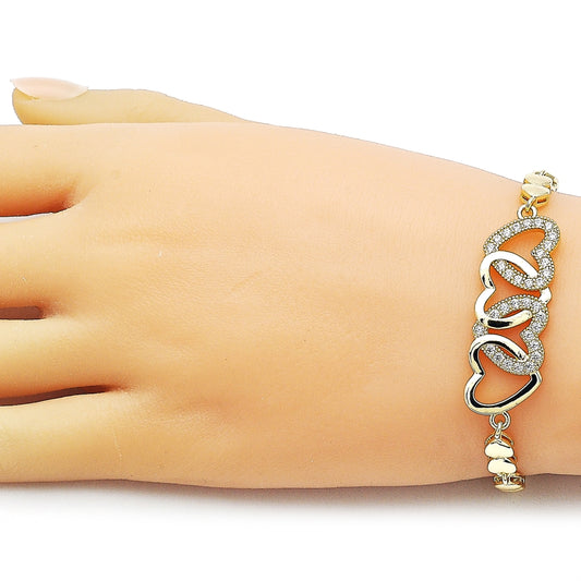Oro Laminado Fancy Bracelet, Gold Filled Style Heart Design, with White Cubic Zirconia, Polished, Golden Finish