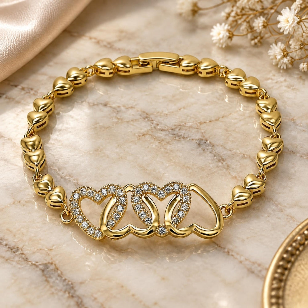 Oro Laminado Fancy Bracelet, Gold Filled Style Heart Design, with White Cubic Zirconia, Polished, Golden Finish