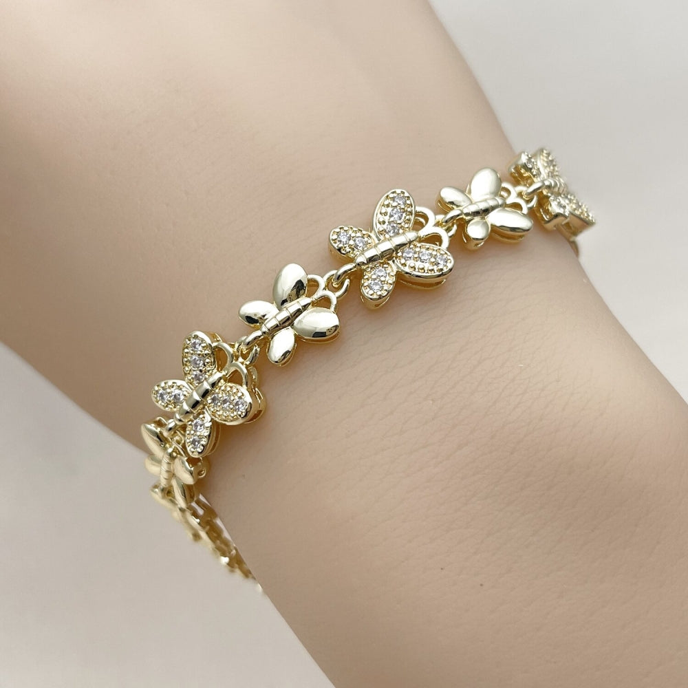 Oro Laminado Fancy Bracelet, Gold Filled Style Butterfly Design, with White Cubic Zirconia, Polished, Golden Finish