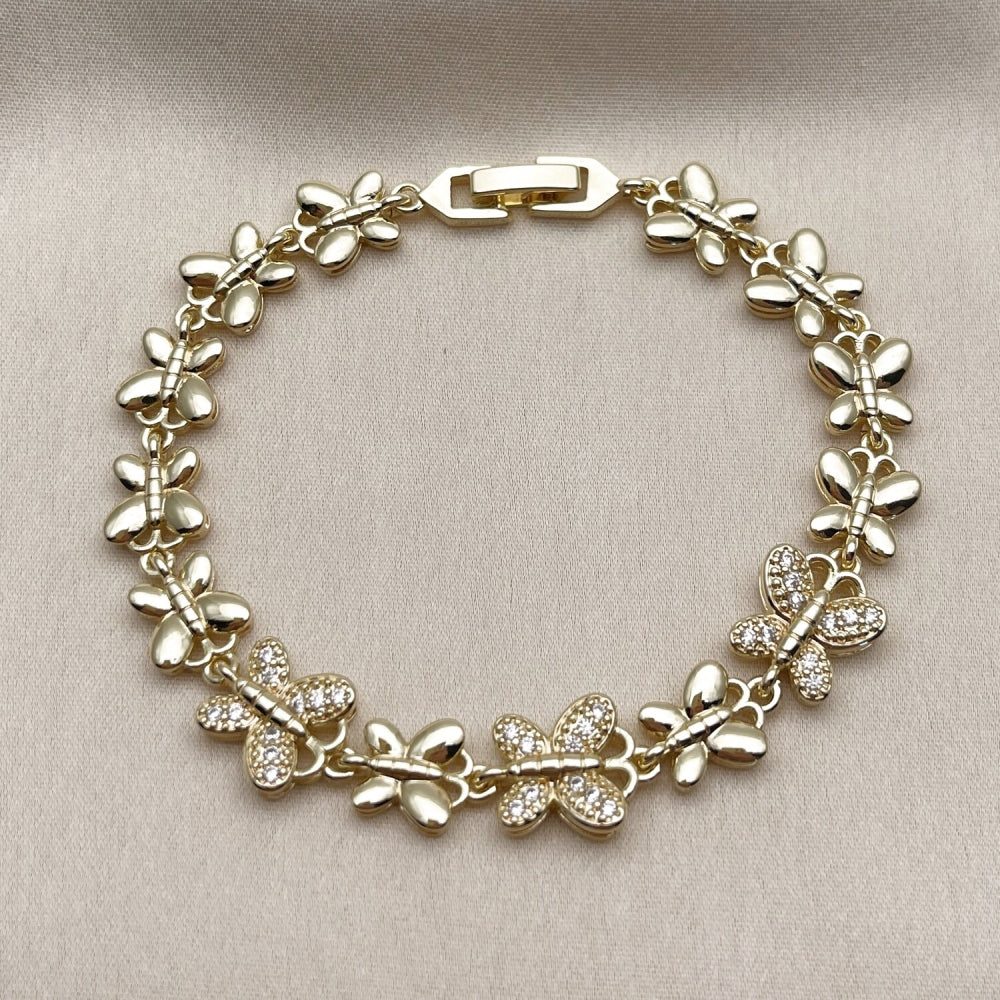 Oro Laminado Fancy Bracelet, Gold Filled Style Butterfly Design, with White Cubic Zirconia, Polished, Golden Finish