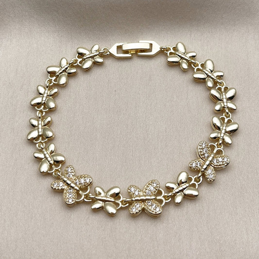 Oro Laminado Fancy Bracelet, Gold Filled Style Butterfly Design, with White Cubic Zirconia, Polished, Golden Finish