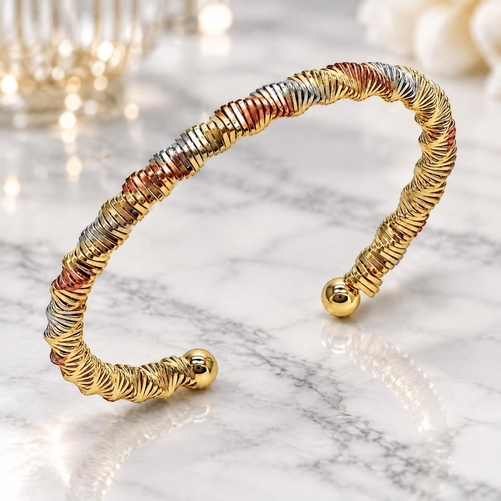 Oro Laminado Individual Bangle, Gold Filled Style Hollow Design, Diamond Cutting Finish, Tricolor