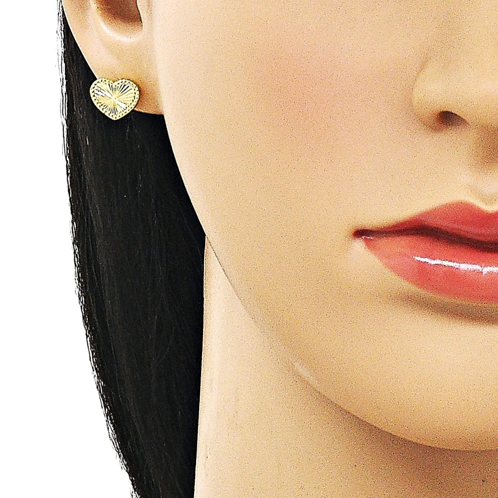 Oro Laminado Stud Earring, Gold Filled Style Heart Design, Diamond Cutting Finish, Golden Finish