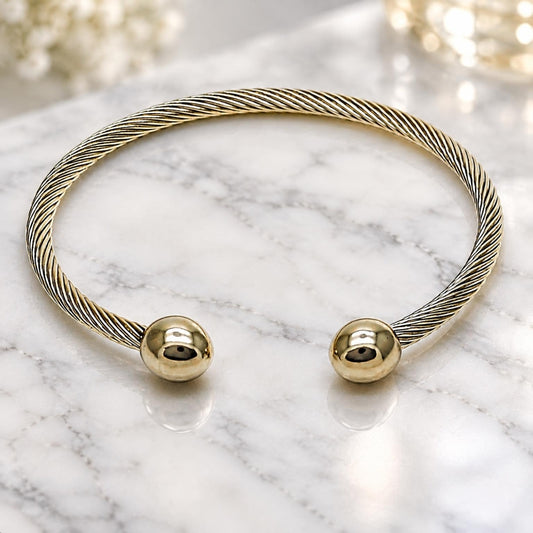 Stainless Steel Individual Bangle, Ball and Twist Design, Polished, Steel Finish