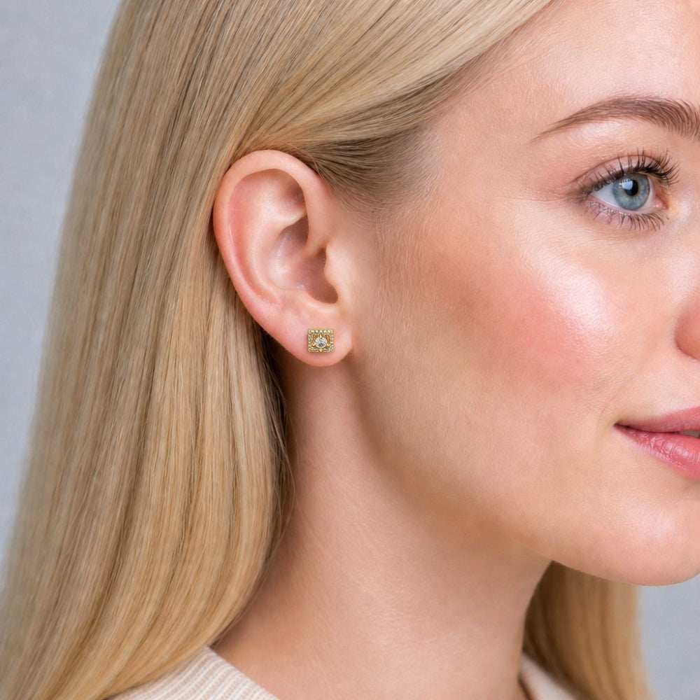 Oro Laminado Stud Earring, Gold Filled Style Cluster Design, with White Cubic Zirconia and White Micro Pave, Polished, Golden Finish