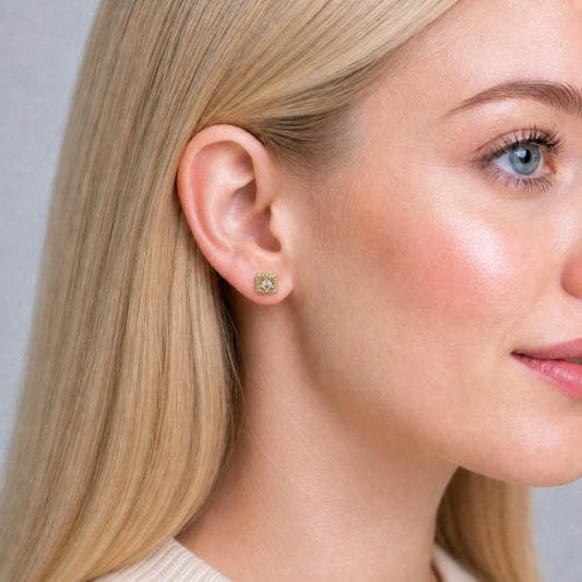 Oro Laminado Stud Earring, Gold Filled Style Cluster Design, with White Cubic Zirconia and White Micro Pave, Polished, Golden Finish
