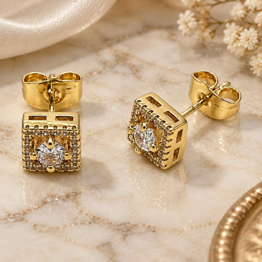 Oro Laminado Stud Earring, Gold Filled Style Cluster Design, with White Cubic Zirconia and White Micro Pave, Polished, Golden Finish