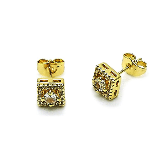 Oro Laminado Stud Earring, Gold Filled Style Cluster Design, with White Cubic Zirconia and White Micro Pave, Polished, Golden Finish