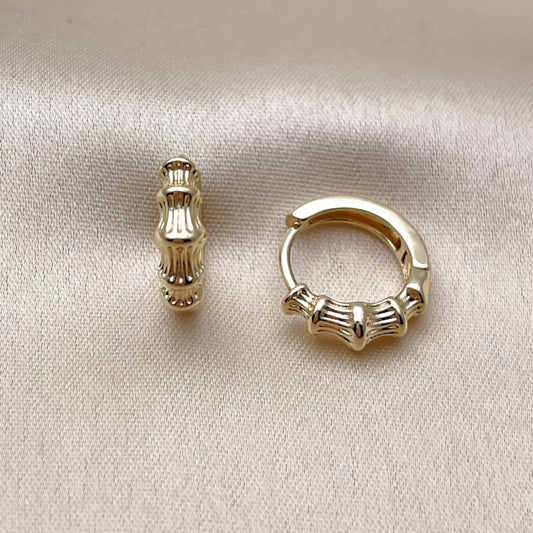 Oro Laminado Huggie Hoop, Gold Filled Style Bamboo Design, Polished, Golden Finish
