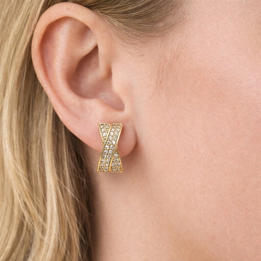 Oro Laminado Huggie Hoop, Gold Filled Style Twist Design, with White Cubic Zirconia, Polished, Golden Finish