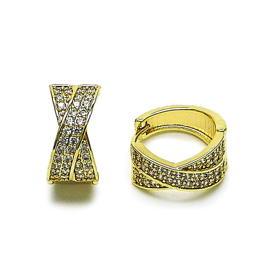 Oro Laminado Huggie Hoop, Gold Filled Style Twist Design, with White Cubic Zirconia, Polished, Golden Finish