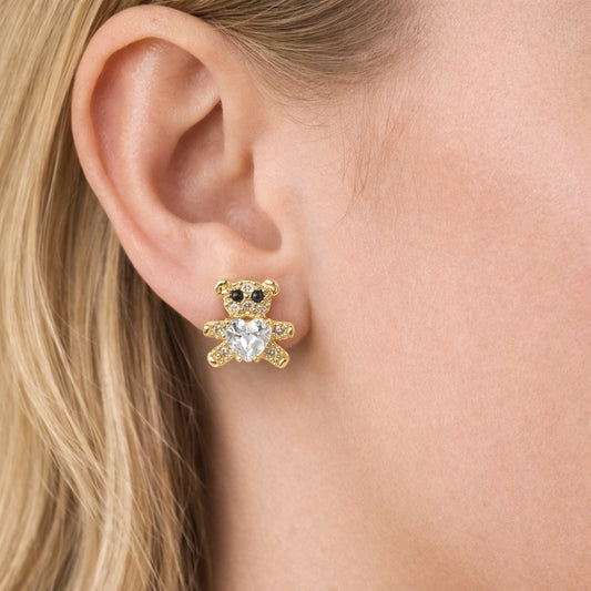 Oro Laminado Stud Earring, Gold Filled Style Teddy Bear and Heart Design, with White and Black Cubic Zirconia, Polished, Golden Finish