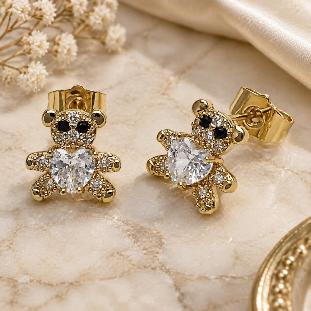 Oro Laminado Stud Earring, Gold Filled Style Teddy Bear and Heart Design, with White and Black Cubic Zirconia, Polished, Golden Finish