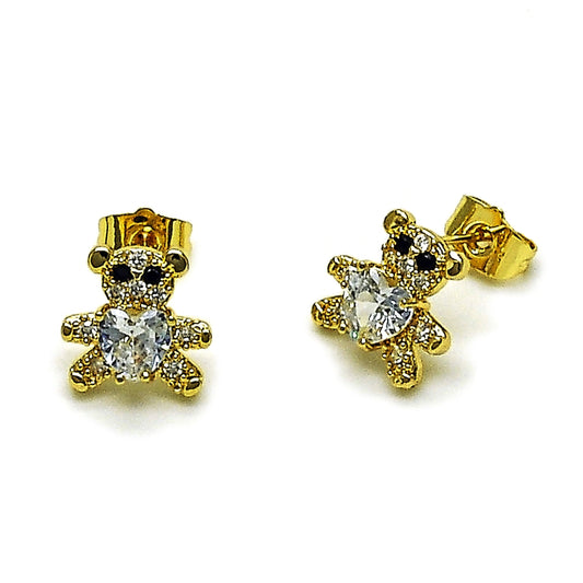 Oro Laminado Stud Earring, Gold Filled Style Teddy Bear and Heart Design, with White and Black Cubic Zirconia, Polished, Golden Finish