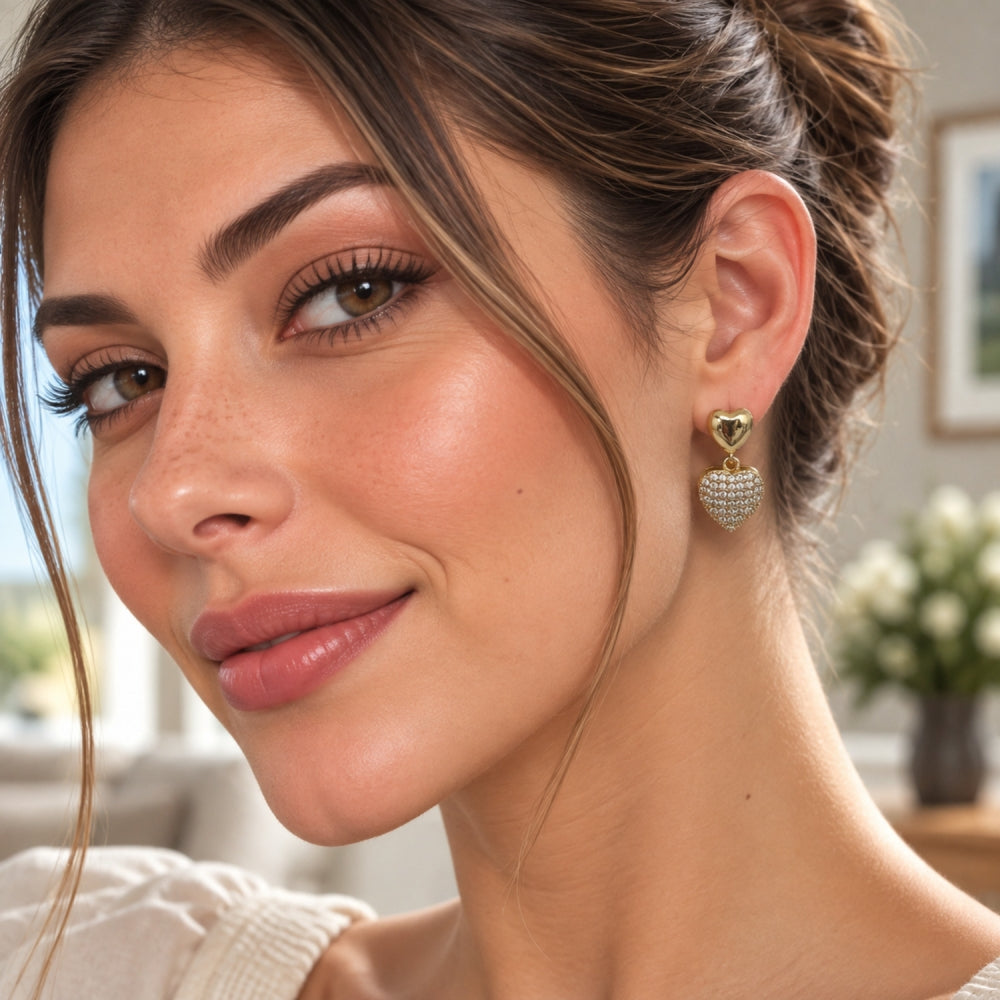 Oro Laminado Dangle Earring, Gold Filled Style Heart Design, with White Cubic Zirconia, Polished, Golden Finish