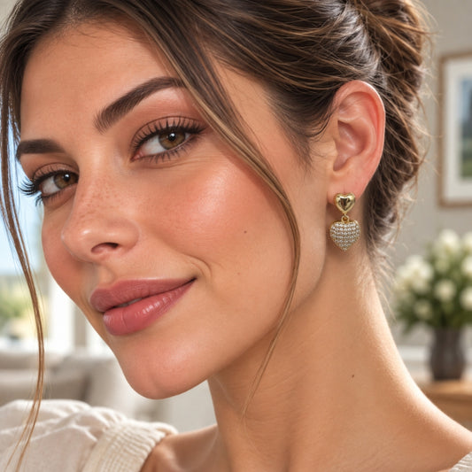 Oro Laminado Dangle Earring, Gold Filled Style Heart Design, with White Cubic Zirconia, Polished, Golden Finish